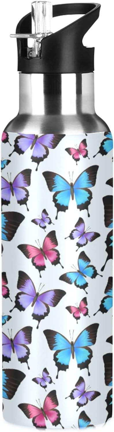 Art Cute Insect Butterfly Sports Water Bottles with Straw Insulated Stainless Steel Vacuum Flask Keeps Hot and Cold for Kids Adult Travel