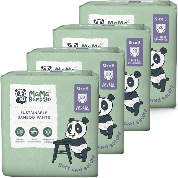 Mama Bamboo Soft, Breathable, Sustainable Bamboo Nappy Pants - Pull-Ups - Super Absorbent Lock Away core (Size 5-80 Pants)