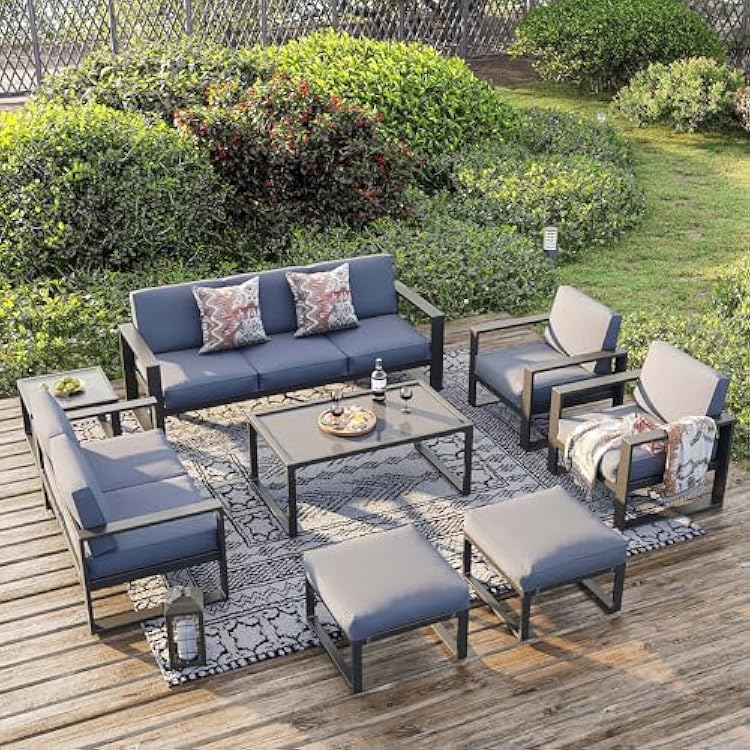 Green4ever Aluminum Patio Furniture Set, 8 Pieces Modern Outdoor Conversation Set All-Weather Metal Sectional Couch Sofa Upgraded Foam-Filled Cushions with Ottoman and Coffee Table Grey