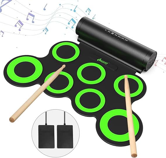 Electronic Drum Set, Roll Up Drum Practice Pad Midi Drum Kit with Headphone Jack Built-in Speaker Pedals Sticks 10 Hours (Green, 9 Pads)
