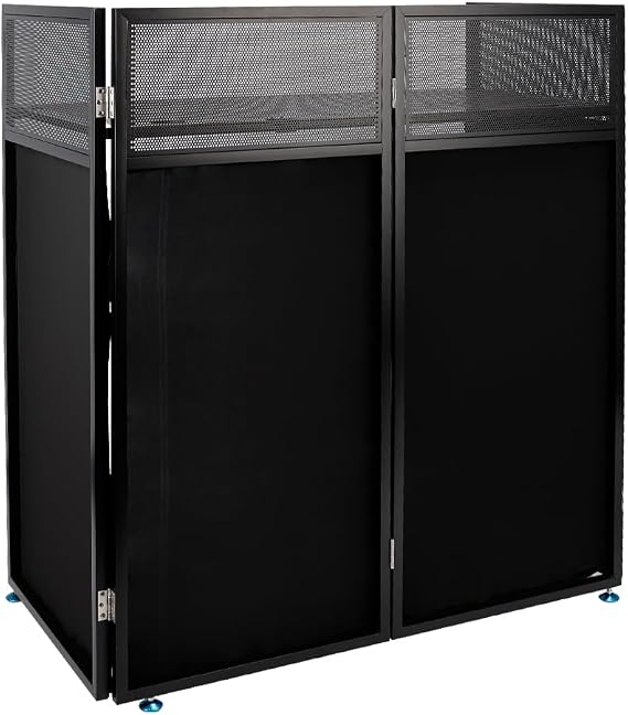 DJ Booth Table with Black & White Scrim, Foldable Metal DJ Stand with Cable Management & Carry Bag, 108 * 52 * 115CM Workstation for Mobile DJ, Wedding, Party, Event, DJ Controller, Laptop & Mixer
