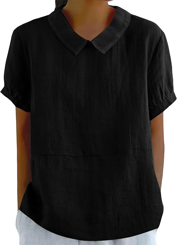 DMOYALA Women's Cotton Shirts Cute Peter Pan Collar Blouse Women Summer Cotton Tops Puff Sleeve Casual Cotton Tunic Tops