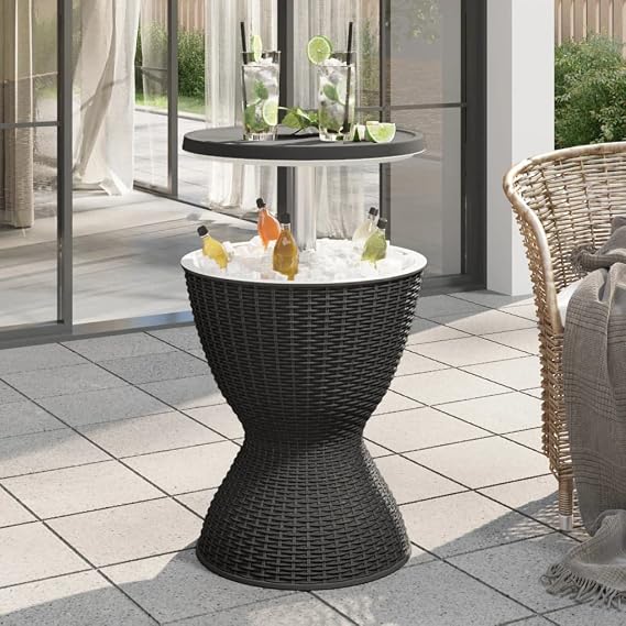Black 3-in-1 Ice Cooler Table, 30L Polypropylene Outdoor Patio Furniture with Rattan Look, Versatile Bistro & Cocktail Table for Garden Parties