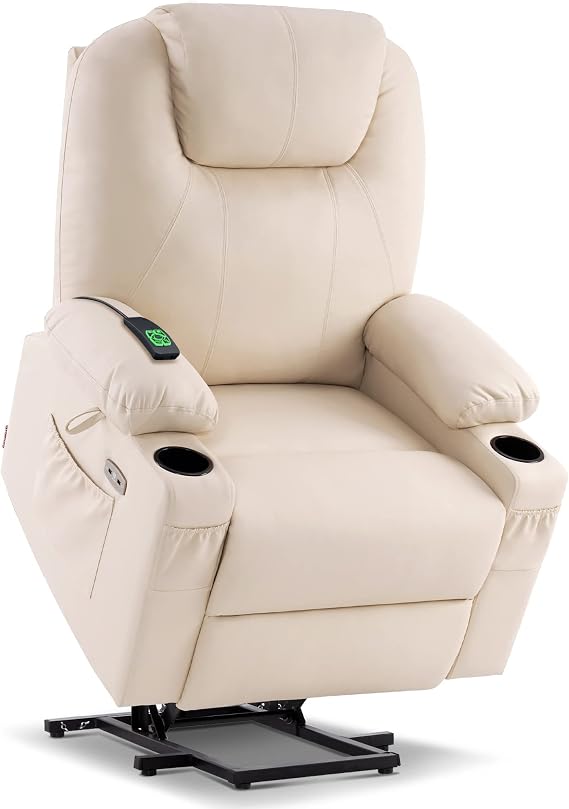 MCombo Dual Motor Large Power Lift Recliner Chair for Elderly, Lay Flat Lift Chair with Heat and Massage, Big Lift Recliner for Tall People, Faux Leather 7815 (Cream White)