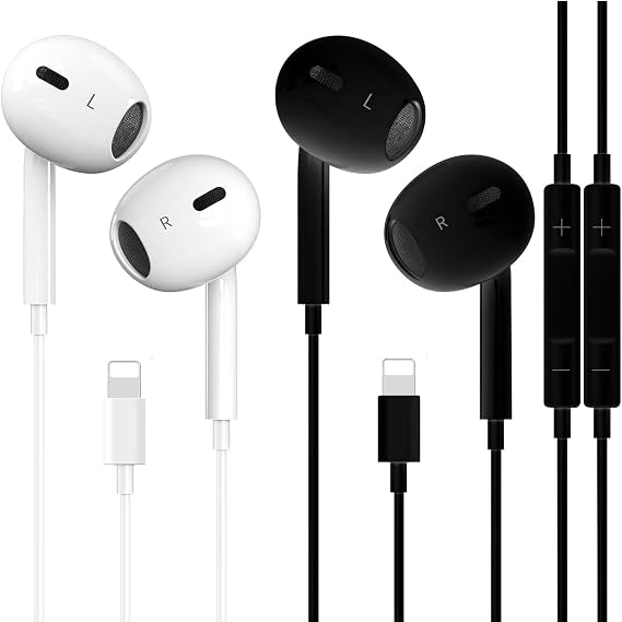 2 Pack iPhone Wired Earbuds Earphones, APPLE MFi Certified In Ear Lightning Headphones Compatible with iPhone 14/13/12/11/8/7/X/Pro/Pro Max iPad (Black&White)