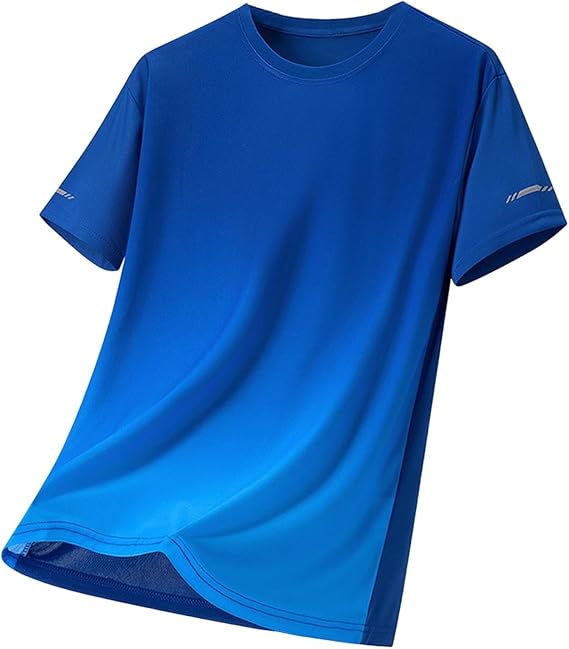 Mens Gradient T-Shirt Short Sleeve Round Neck Quick-Dry Workout Tee Breathable Summer Active Top Ice Silk Gym Shirt