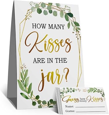Guess How Many Kisses Are in the Jar Game, Eucalyptus How Many Kisses Baby Shower Cards Kit1 Standing Sign  50 Guessing Cards, guess how many kisses Insert ticket
