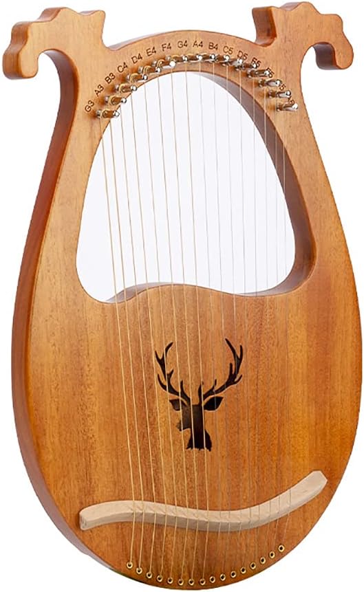 Lyre Harp Mahogany Solid Wood Mahogany Lyre Instrument Portable 16 Metal Strings Lye Harp Vintage Instrument with Tuning Key for Adults / Children