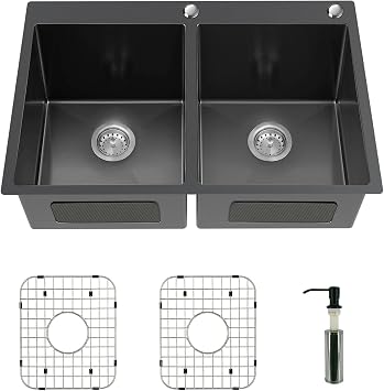 Black Double Bowl Sink - 50/50, 33x22x9-Inch Topmount - Stainless Steel - Drop In - Includes Sink Grid, Soap Dispenser, Drain Strainer