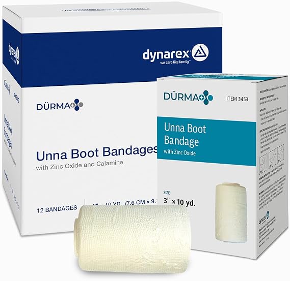 Dynarex Durma+ Unna Boot Bandages with Zinc Oxide - Maintains Moist Environment and Provides Compression for Leg Ulcers, Edema, Sprains - 3" x 10 yds - Case of 12 Rolls