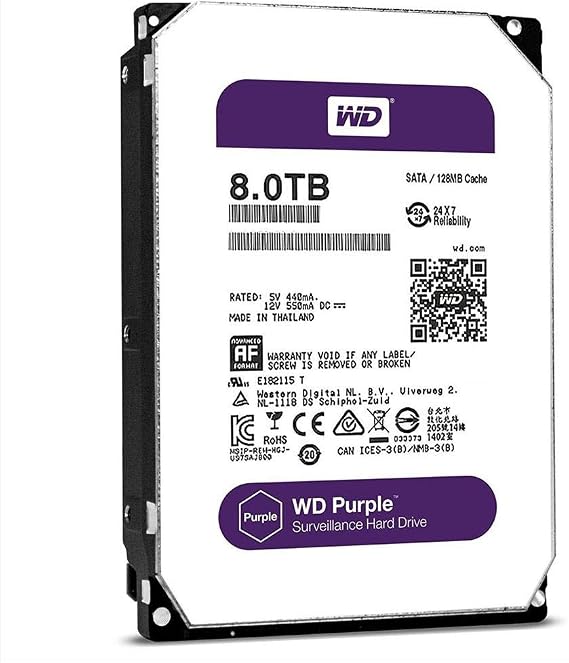 WD Purple 8TB Surveillance Hard Disk Drive - 5400 RPM Class SATA 6 Gb/s 128MB Cache 3.5 Inch - WD80PURZ