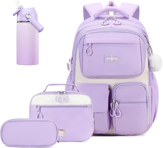 4pcs Girls Backpack Set, Backpacks for Girls with 14OZ Water Bottle Lunch Bag for Teens Elementary Middle School
