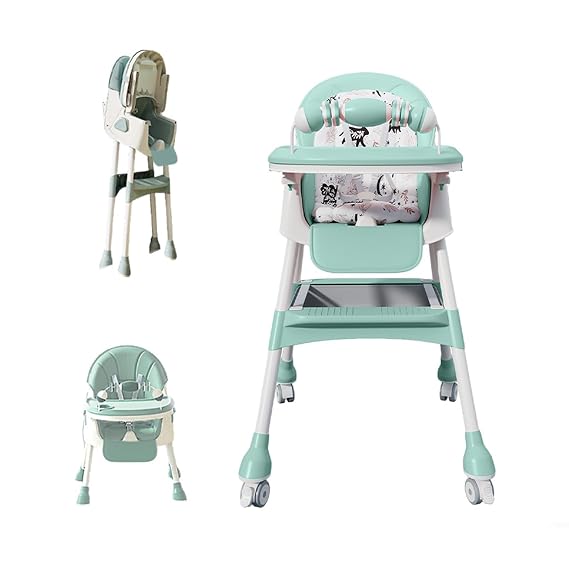 4-in-1 Foldable Baby High Chair for Babies & Toddlers, Adjustable High Chair with Removable Double Tray, Detachable PU Seat Cushion, Locking Wheels, Easy to Clean,Mint Green