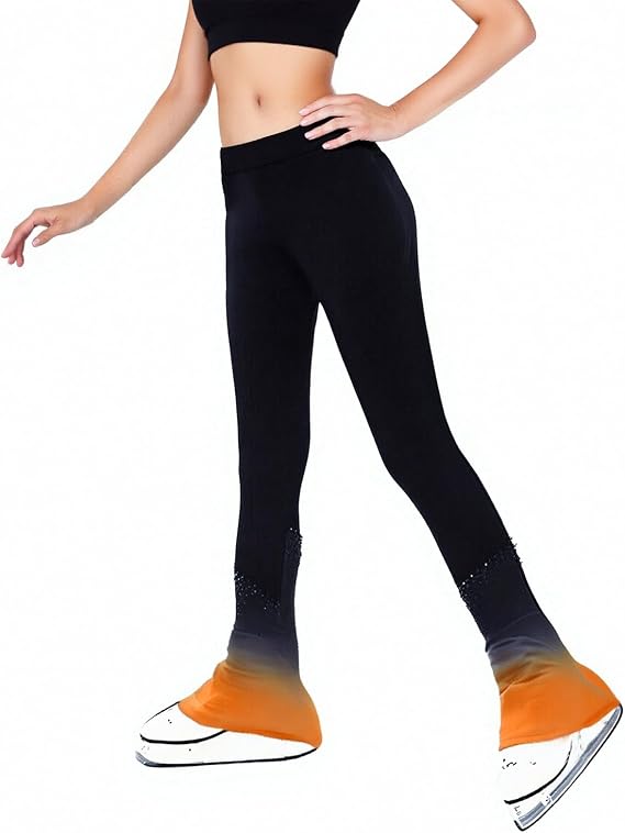 LIUHUO Ice Skating Training Pants Leggings Girls Women | Gradient Cuff , High Waist Stretchy , Rhinestone Decor, Breathable Performance Practice Tights
