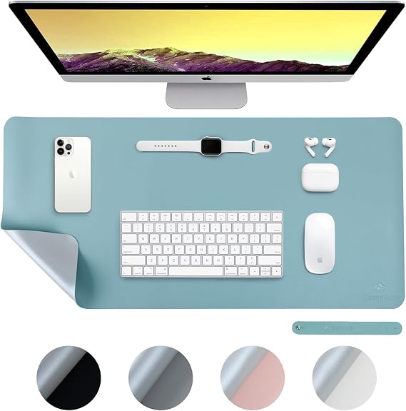 Desiretech Reversible Office Desk Mat Large, Dual-Sided, Waterproof Faux Leather Table Surface Protector Desk- Laptop Mat & Mouse Pad for Home & Office - 43 x 89cm (Light Blue/Silver)