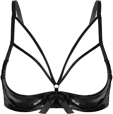 Linjinx Womens Latex Stretchy Strappy Cage Bra Bare Breast Open Nipple Bras Bralette Sleepwear
