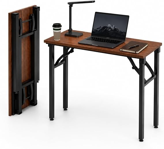 Frylr Small Folding Computer Desk Portable 35.8 Inch Foldable Laptop Table, No-Assembly, Collapsible and Compact for Easy Storage, Lightweight for Small Spaces, Craft and Study Use, Dark Walnut