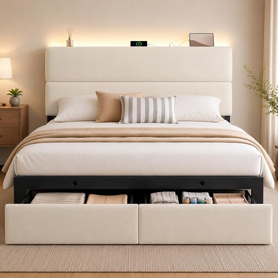 Queen Bed Frame with 2 Storage Drawers, Beige Velvet Upholstered