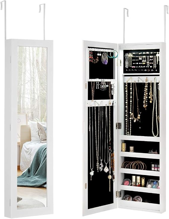 HJZWTS AUGESTER 12 LEDs Jewelry Armoire Organizer, Door/Wall Mounted Jewelry Cabinet w/Full-Length Mirror, Ring Slots Earring Slots Necklace Hooks & 5 Storage Shelves, Large Storage Capacity, White