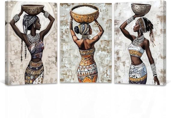 QIXIANG African American Girl Wall Art 3 Pieces Black Queen Picture Wall Decor African Woman Canvas Prints for Living Room Decor Framed(12x16inchx3Pcs)