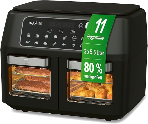MAXXMEE Hot Air Fryer Double Chamber 11 Litres Clever Combination of Hot Air Oven Grill & Fryer with 2 XXL Deep Fryer Compartments with 5.5 Litres Each Digital Control Panel and Viewing Window