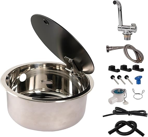 Small Rv Sink Basin, Stainless Steel Kitchen Sink, Campervan Sink Kit With Folding Faucet and Lid, Camper Accessories For Kitchens Bars Pub Restaurant