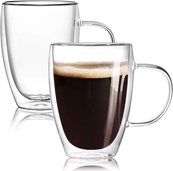 12 Oz Double Walled Glass Coffee Mugs with Handle, Insulated Layer Coffee Cups, Clear Borosilicate Glass Mugs - Gift for Cappuccino,Tea,Latte,Espresso,Hot Beverage,Cold Drinks, Set of 2