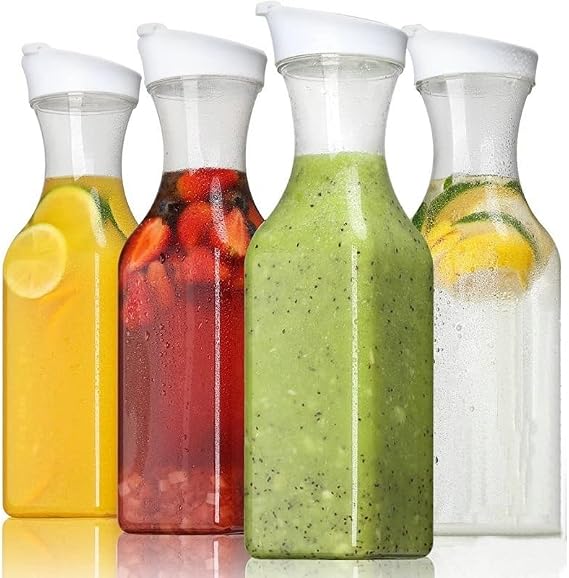 2 Pack 1.5L Juice Carafe with Flip Top Lid, Clear Plastic Beverage Pitcher, Square Water Bottle for Refrigerator, Milk, Juice, Iced Tea, Cold Brew Coffee, Lemonade & Drink Storage