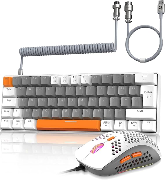 Wired Gaming Keyboard and Mouse Combo+Coiled USB C Cable-ZIYOU LANG T60 Pro-Compact 60% UK Layout Light Up Mechanical Keyboard Linear Red Switch-6400dpi Ultra light RGB PC Mice for PC/Mac-Bee