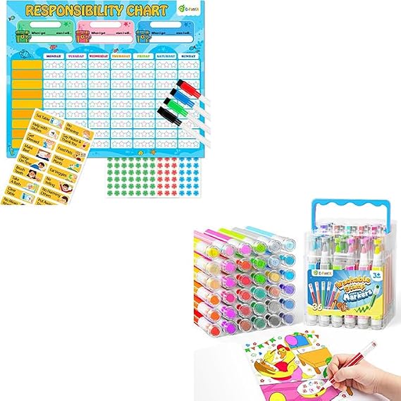 D-FantiX Magnetic Responsibility Chart & 36 Colors Washable Markers for Kids