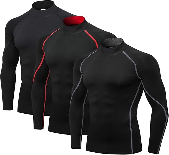Mens Long Sleeve Compression Shirt 3 Pack Mock Turtleneck Workout Top for Bodybuilding Fitness Gym Running Training