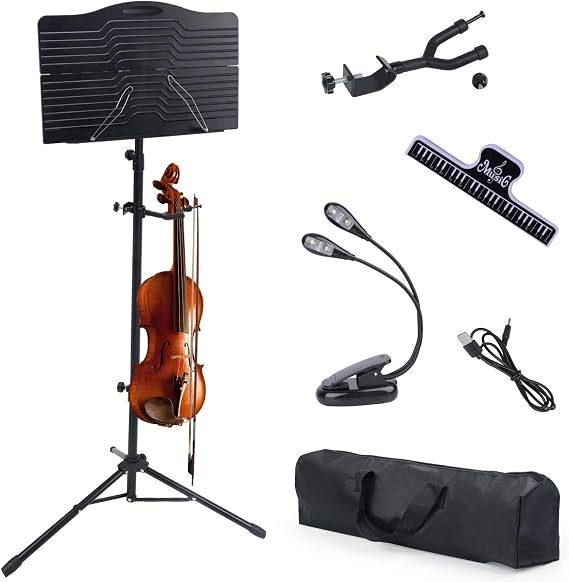 Klvied Portable Folding Sheet Music Stand with Violin Hanger | Black. Lightweight and easy to carry for practice and performance.
