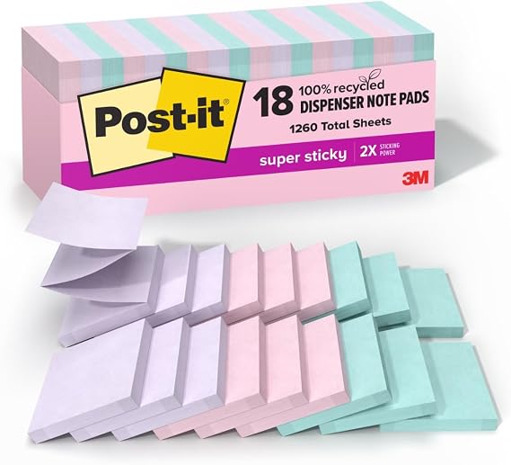 Post-it 100% Recycled Super Sticky Notes, 3 x 3 in, Oasis, 5 Pads | School Supplies and Office Products, 2X the Sticking Power