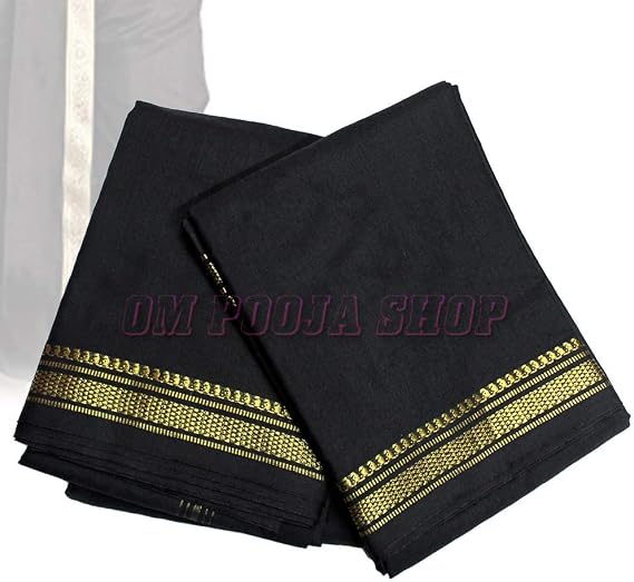 Black Cotton Dhoti with Angavastram for Men (4 Meter Dhoti & 2 Shawl)