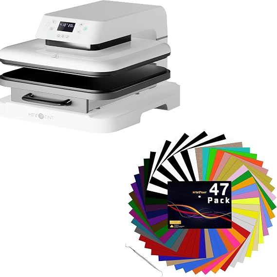 HTVRONT Auto Heat Press Machine for T Shirts - 15x15 (38x38CM) Smart T Shirt Press Machine with Auto Release +HTVRONT Heat Transfer Vinyl - 47 Pack 12" x 10"(30.5x25.4CM) Iron on Transfers