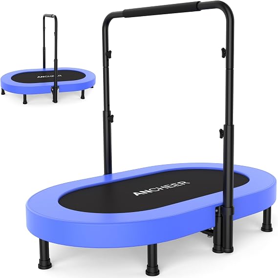 ANCHEER 56" Double Mini Trampoline for Kids, Mini Rebounder with 5-Level Adjustable Handle, Parent-Child Trampoline for Kids, Max Load 220lbs, Fun for Indoor/Outdoor