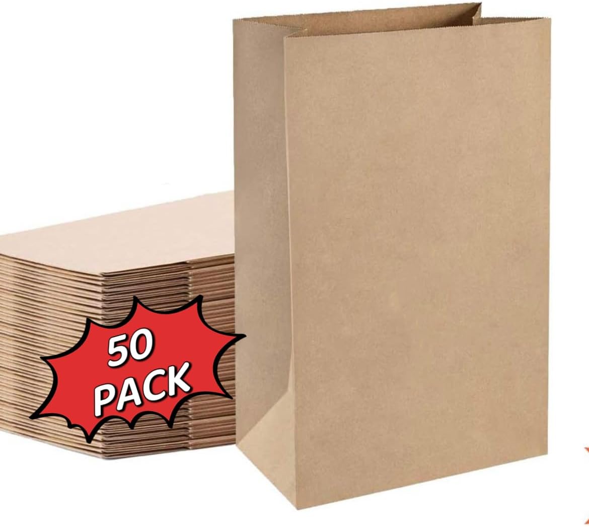 50 Pcs Brown Paper Bags, Durable Grocery Bags Bulk Made by Recyclable Environmentally Friendly Materials, Multi-Purpose Kraft Brown Bag for Grocery Shopping,Kitchen,Office and Take Out large