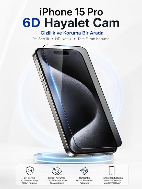 Ekran Koruyucu iPhone 15 Pro ile Uyumlu, 6D Hayalet Kırılmaz Cam, 9H Sertlik, Şeffaf, Temperli Cam