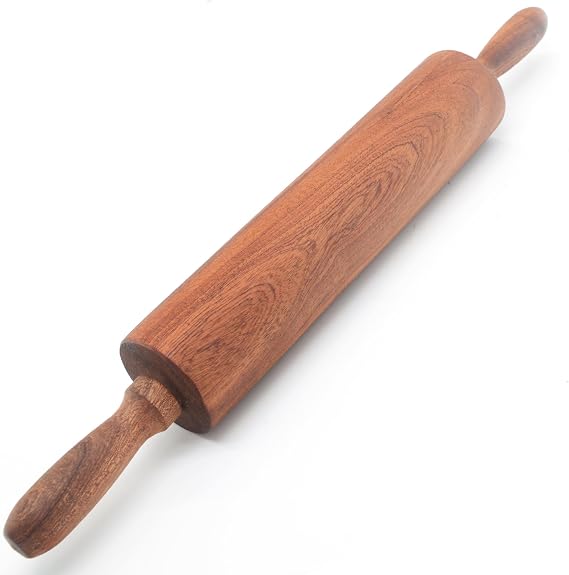 Classic Sapele Wooden Rolling Pin With Handles Large17.3"L x 2.3"W | Wood Baking Roller for Pizza, Pie, Bread, Pastry & Cookie Dough