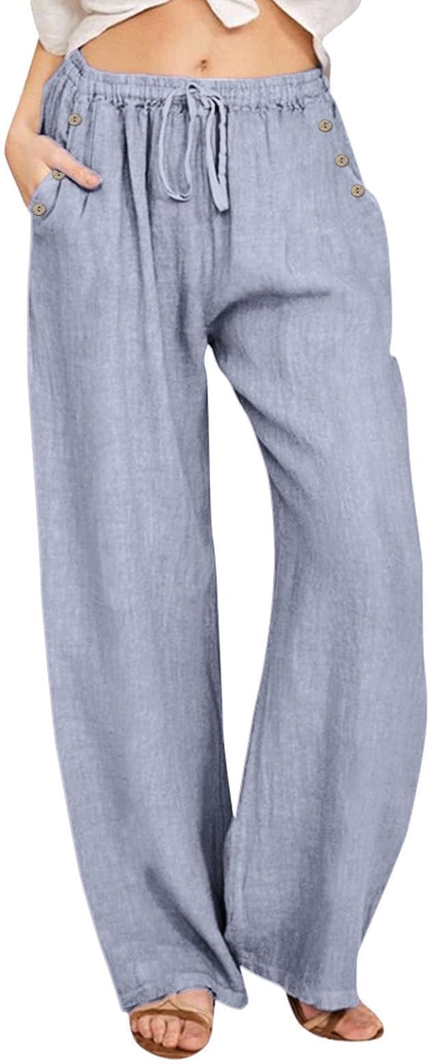 Cotton Linen Casual Pants for Women,Plus Size Elastic Waisted Drawsting Trousers Comfy Wide Leg Pants with Pocket Y2k