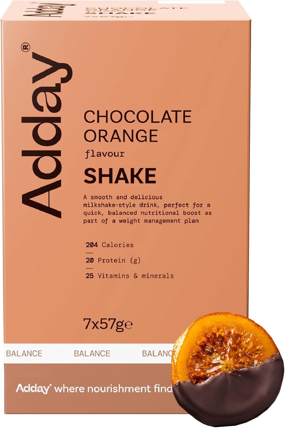 Adday High Protein Meal Replacement Shake Chocolate Orange- 7 Complete Meals- 20g Protein, 26 Vitamins- Low Calorie Total Diet Replacement- Gluten Free, Halal, Kosher