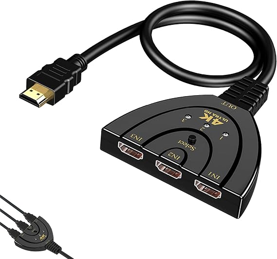 4K 3 Port HDMI Switch, HDMI Switch 3 in 1 Out Splitter with Gold Plated Connectors, Supports Full HD 1080p and 3D, Manual Switcher for Multiple Devices, Compatible with TV, Xbox, PS4, Blu-Ray