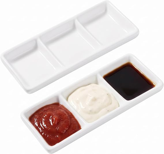 DOITOOL 2Pcs Ceramic Serving Platters, 3 Compartment Appetizer Serving Trays Snack Dishes, White Rectangular Divided Sauce Dishes for Home Restaurant Kitchen