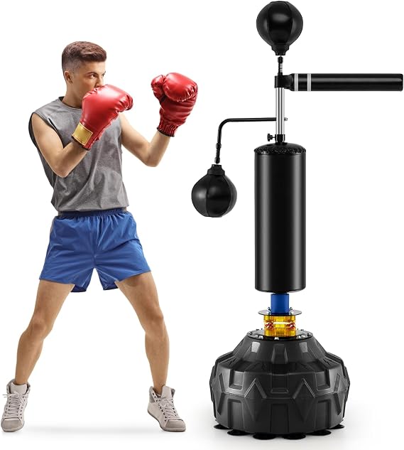 GYMAX Punching Bag, Freestanding Boxing Bag Trainer with 2 Speed Balls, Swivel Bar & Punching Bag Stand, Height Adjustable Kickboxing Reflex Equipment for Adults, MMA Muay Thai Fitness
