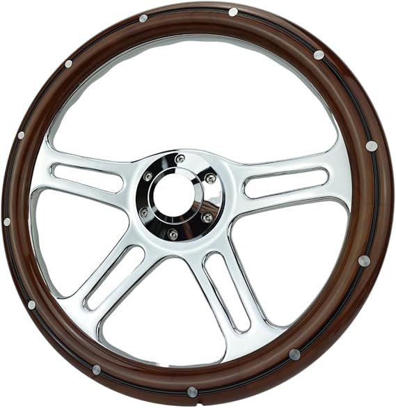 350mm 14" Inch Classic Nostalgia Style Wood Grain Steering Wheel Slotted 4 Spoke Chrome Steering Wheel Mohagany Wood Grip