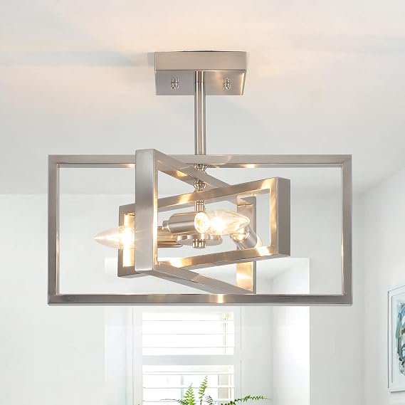 3 Light Brushed Nickel Ceiling Lights Living Room, Modern Semi Flush Mount | Geometric Open Frame E14 Chandeliers Ceiling Lights for Kitchen Dining Room Bedroom Hallway, Ø40cm, MAX 40W, 220V, Dimmable