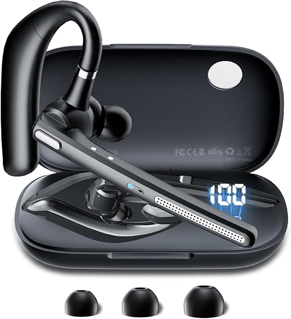 Bluetooth Headset with 72-Hour Talk Time & 500mAh Charging Case, Bluetooth V5.3 Headset with Noise Cancelling Mic Wireless Earpiece Hands-Free Headphones for Office Trucker Driving Business,Black