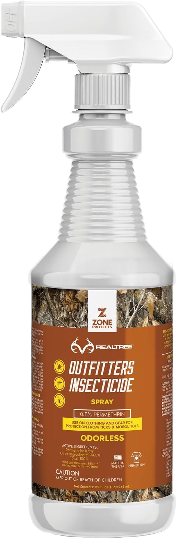 Zone Protects Realtree Permethrin Outfitters Spray - 32oz Insecticide, Odor-Free, Treats Clothing & Gear, Kills Ticks, Chiggers, Mosquitoes, Flies