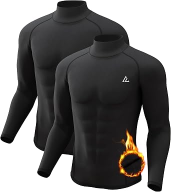 CL convallaria 2 Pack Men's Thermal Shirt Long Sleeve Fleece Lined Tops Base Layer Long John Shirts for Men,X-Large,Turtle Neck-Black/Black