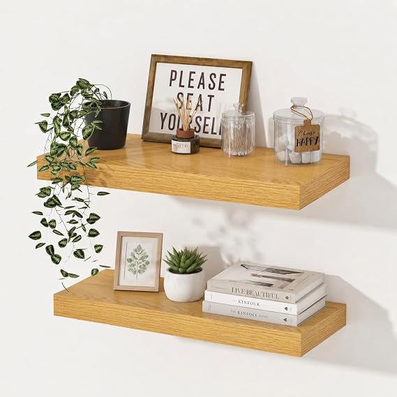 29.5cm Deep Floating Shelves for Wall, 40cm Oak Floating Wall Shelves Wooden Wall Mounted Shelving, Extra Wide Storage Shelves for Kitchen, Bathroom, Living Room & Bedroom Organizer, Set of 2 
